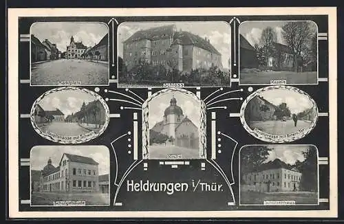 AK Heldrungen /Thür., Hauptstrasse, Schloss und Schützenhaus