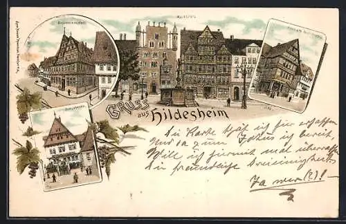 Lithographie Hildesheim, Markplatz, Altdeutsches Haus, Haus am Adenauerplatz