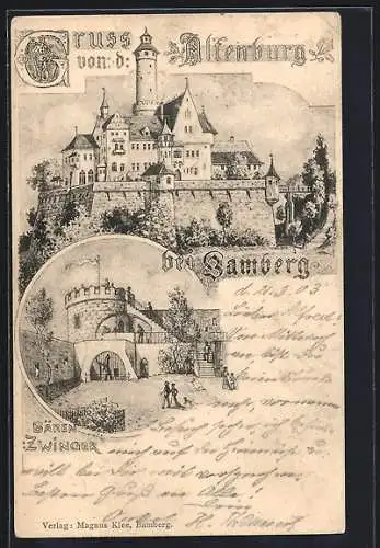 Lithographie Bamberg, Ansicht der Altenburg, Bären-Zwinger