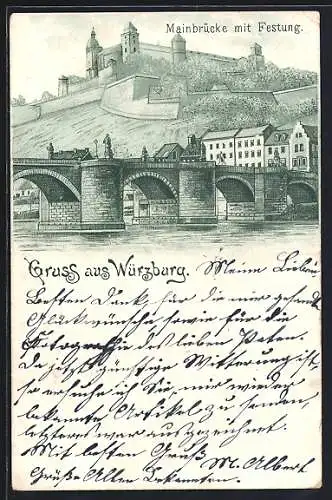 Lithographie Würzburg, Mainbrücke mit Festung