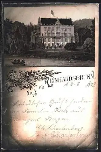 Lithographie Reinhardsbrunn, Uferpartie mit Schloss