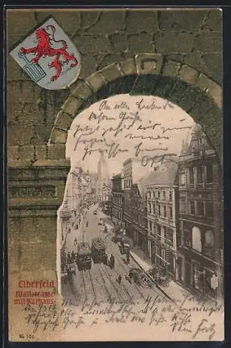 AK Elberfeld, Wallstrasse mit Rathaus, Strassenbahn, Wappen