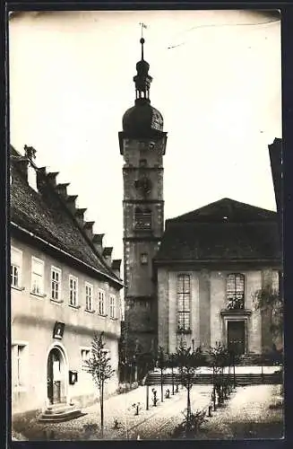 Foto-AK Mainbernheim, Rathausplatz und Kirche