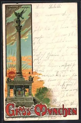 Lithographie München-Au, Friedens-Denkmal bei Sonnenaufgang