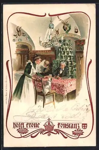 Lithographie Konstanz, Hotel Restaurant Krone v. Gebr. Ruppaner, Innenansicht