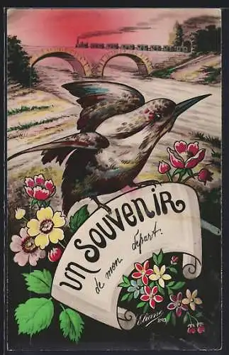 AK Vogel auf einem Banner mit Blumen