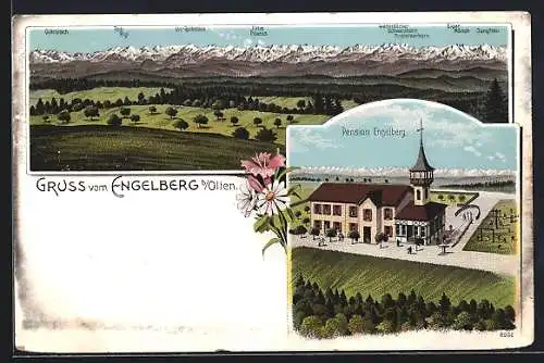 Lithographie Engelberg b. Olten, Pension Engelberg mit Alpenpanorama