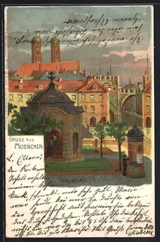 Lithographie München, Karlsplatz mit Litfasssäule