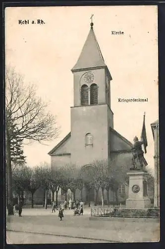 AK Kehl, Kriegerdenkmal mit Kirche und Personen