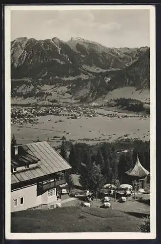 AK Oberstdorf /Bayr. Allgäu, Restaurant Pension Bergkristall, Bes. Jos. Bader, Blick ins Tal