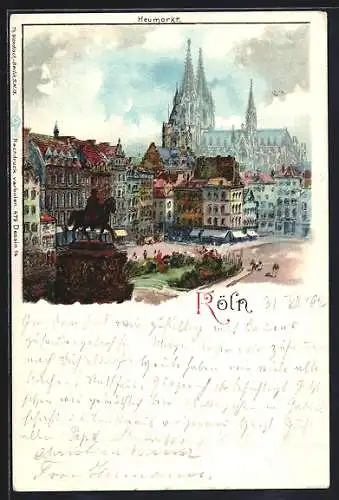 Lithographie Köln, Heumarkt mit Denkmal und Dom