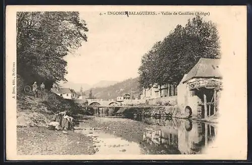 AK Engomer-Balaguères, Vue de la vallée de Castillon avec rivière et pont