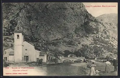 AK Orlu, Église et pont entourés par les montagnes des Pyrénées Aragonaises