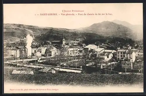 AK Saint-Girons, Vue générale et pont du chemin de fer sur le Lez