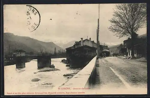 AK Saint-Girons, Avenue de Lédar et pont sur la rivière