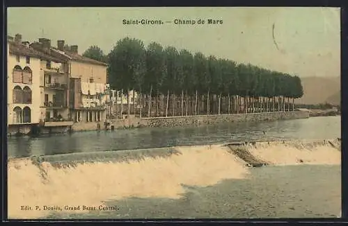 AK Saint-Girons, Champ de Mars et vue sur la rivière et les arbres alignés