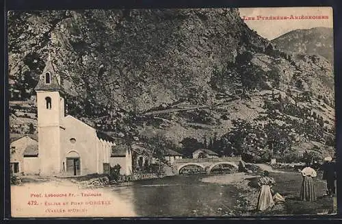 AK Orgeix, Église et pont dans la vallée d`Orlu (Pyrénées ariégeoises)