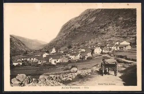 AK Ax-les-Thermes, Vue du village d`Orlu avec montagnes et chariot sur le chemin