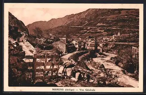 AK Mérens, Vue générale du village et de la rivière en Ariège