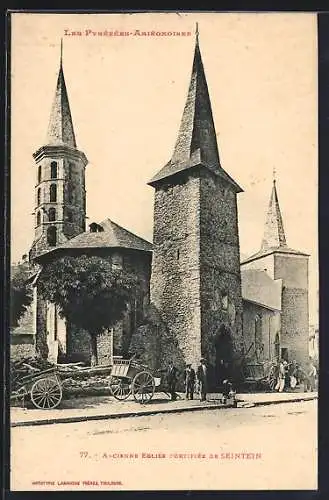 AK Sentein, Ancienne église fortifiée et charrettes devant l`entrée