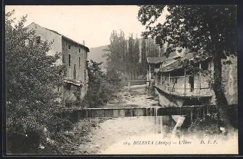 AK Bélesta, Vue de l`Hers avec bâtiments en bordure du ruisseau