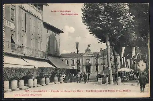 AK Saint-Girons, Entrée du Champ de Mars, Les Terrasses des Cafés et la Mairie