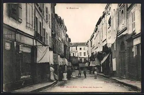 AK Pamiers, La Rue des Jacobins animée avec passants et boutiques