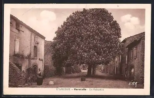 AK Verniolle, Le Sabartès et rue principale avec grand arbre