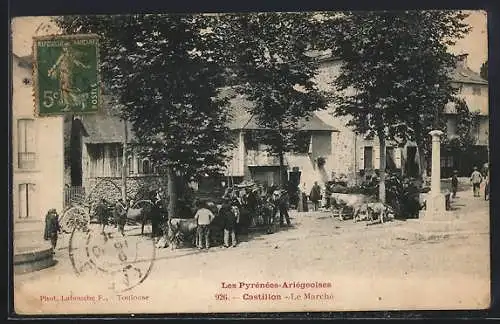 AK Castillon, Le Marché animé avec villageois et bétail dans les Pyrénées-Ariégeoises