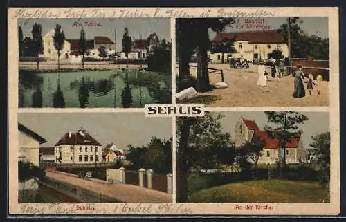 AK Sehlis, Gasthof zur Windhose, Kirche, Schule