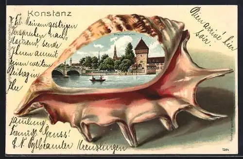 Passepartout-Lithographie Konstanz, Rheintorturm in einer Muschel