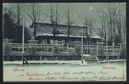 Mondschein-AK Rendsburg, Gasthaus Eiderhalle bei Nacht