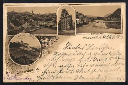 Lithographie Gernsbach, Rathaus, Schloss Eberstein und Panorama