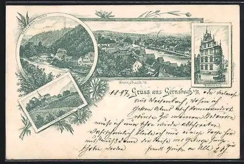 Lithographie Gernsbach i. B., Schloss Eberstein, Rathaus und Teilansicht