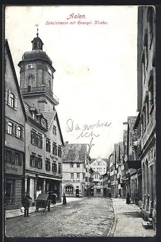 AK Aalen, Schulstrasse mit Evang. Kirche, Kolonialwarengeschäft Adolf Auchter