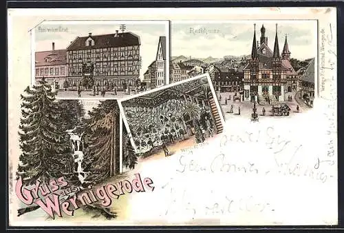 Lithographie Wernigerode, Partie am Rathaus, Wintergarten, Hotel weisser Hirsch