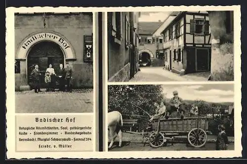 AK Gernsbach, Gasthaus zum badischen Hof, Bes. Friedr. v. Müller, Eingang und Aussenansicht