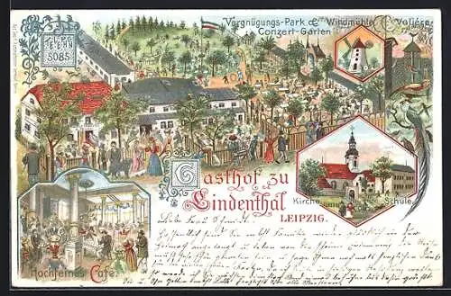 Lithographie Leipzig, Gasthof zum Lindenthal, Kirche und Schule