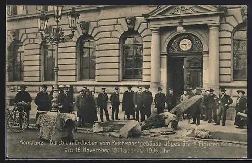 AK Konstanz, durch das Erdbeben vom Reichspostgebäude abgestürzte Figuren 16.11.1911