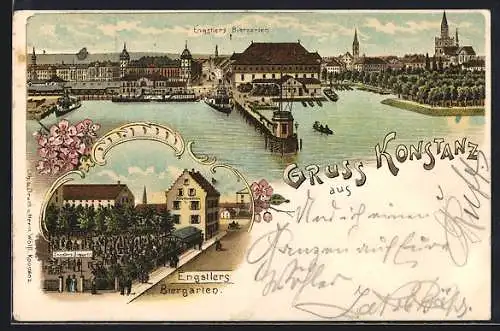 Lithographie Konstanz, Gasthaus Engstlers Biergarten und Uferpartie