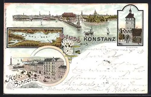 Lithographie Konstanz, Hotel Schnetzer, Schnetztor, Bodenseekarte