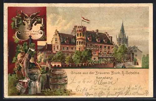 Lithographie Konstanz, Brauerei Buch. H. Scheltle, Rahmen mit Bierfass