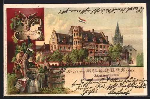 Lithographie Konstanz, Brauerei Buch. H. Scheltle, Rahmen mit Bierfass