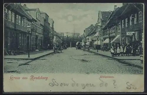 Mondschein-AK Rendsburg, Königstrasse bei Nacht