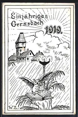 Künstler-AK Gernsbach, Einfähriges 1919, Eule auf einem Buch, Absolvia