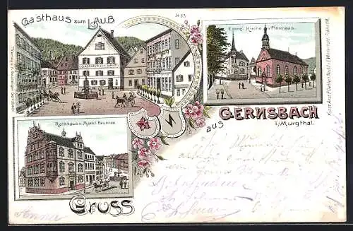 Lithographie Gernsbach i. Murgthal, Gasthaus zum Laub an der Hofstätt, Ev. Kirche und Pfarrhaus, Rathhaus und Brunnen