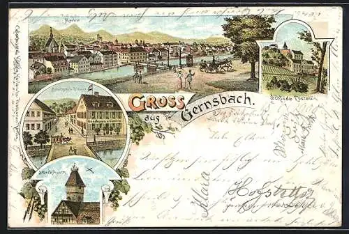 Lithographie Gernsbach, Ortsansicht m. Storchthurm, Schloss Eberstein und Merkur