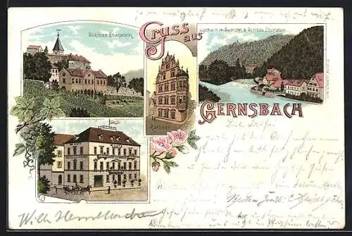 Lithographie Gernsbach, Hotel zur Krone, Bes. W. Lutz, Schloss Eberstein, Igelbach mit Badhotel