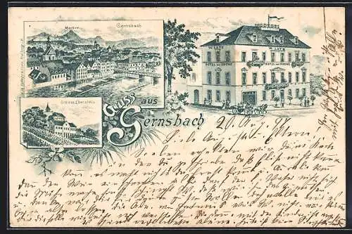 Lithographie Gernsbach, Hotel zur Krone, Bes. W. Lutz, Schloss Eberstein