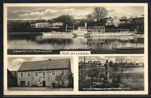 AK Leckwitz / Riesa, Gasthof von Ida Rentzsch, Elbpartie mit Dampfer & Rosenmühle, Kriegerdenkmal mit Karpfenteich